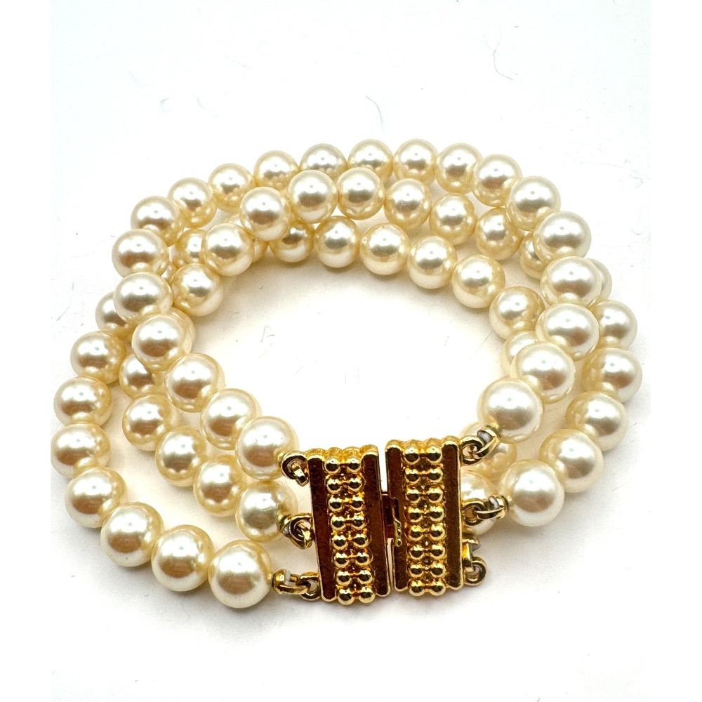 Vintage Faux Pearl Bracelet Multi Triple Strand Gold Tone Bridal